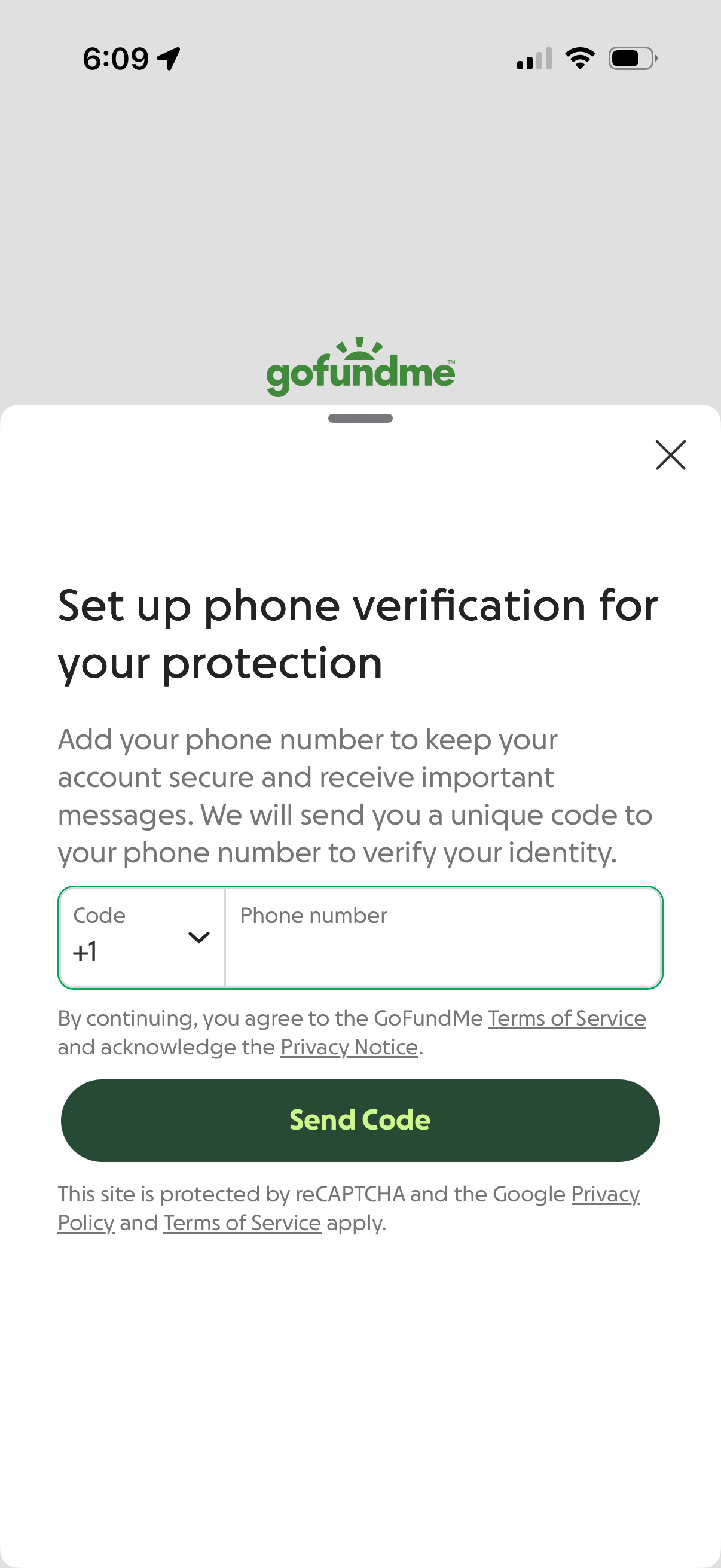 gofundme modal screenshot